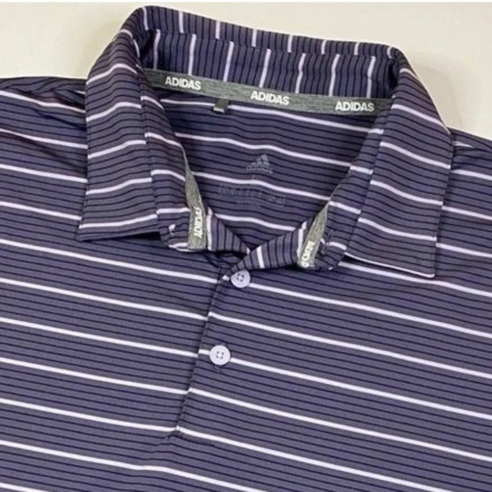 Adidas‎ Polo Shirt Mens L Purple Striped Stretch Comfort Golf Athletic Preppy